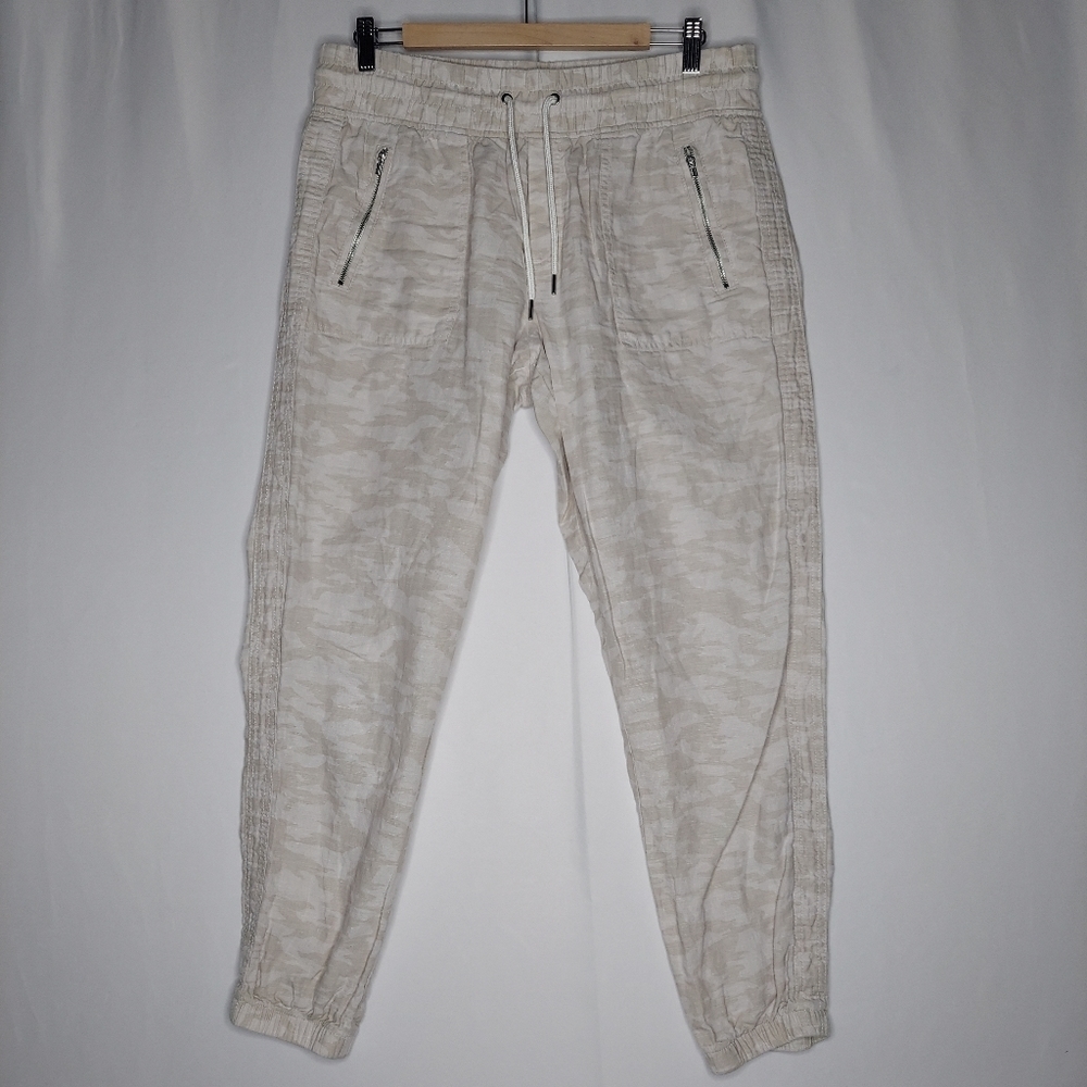 Athleta Cabo Tide Linen Jogger Pants Women 12‎ Beige Camo Drawstring Zip Pocket